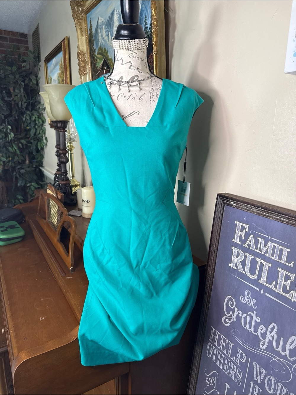 Calvin Klein Jade Teal Cap Sleeve V-Neck Sheath Dress Size 2 NWT 149.00 - Picture 3 of 6